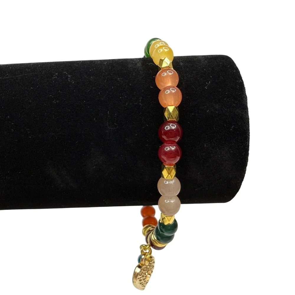 Boho Colorful Glass Gemstone Heart Charm Bracelet Gold Tone Stretch Band Wrist 7